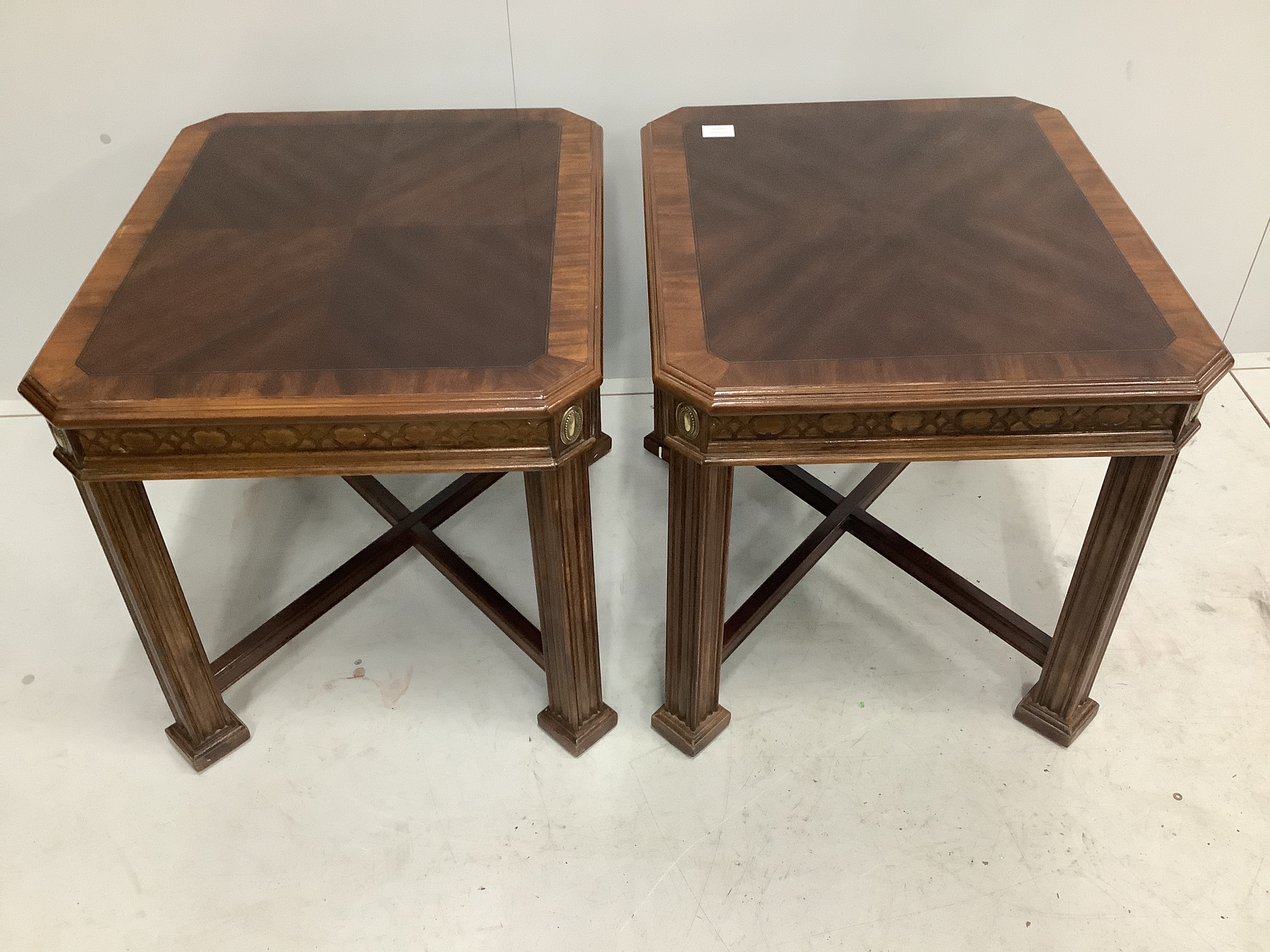 A pair of reproduction George III style mahogany occasional tables, width 56cm, depth 65cm, height 56cm